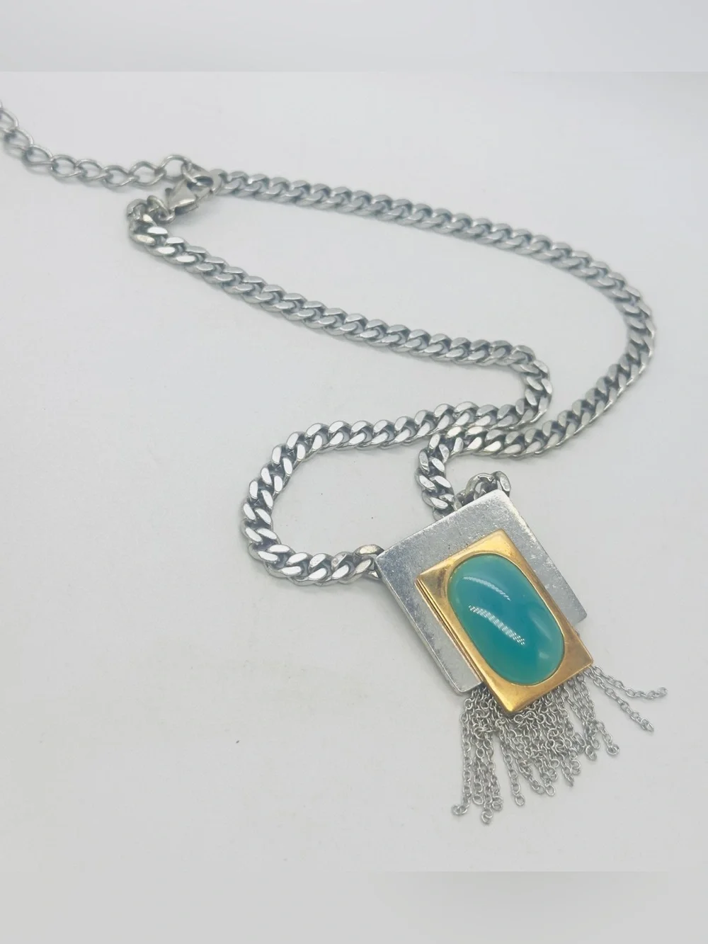 Jewelmint Lunar Blue Necklace Silver Tone Link Chain Turquoise Brass Fringe